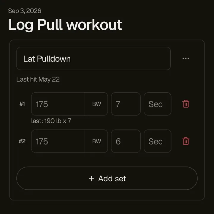 Dark Logit workout-entry screen for a Pull session showing the full Lat Pulldown card with last-hit date, two suggested sets, and previous results